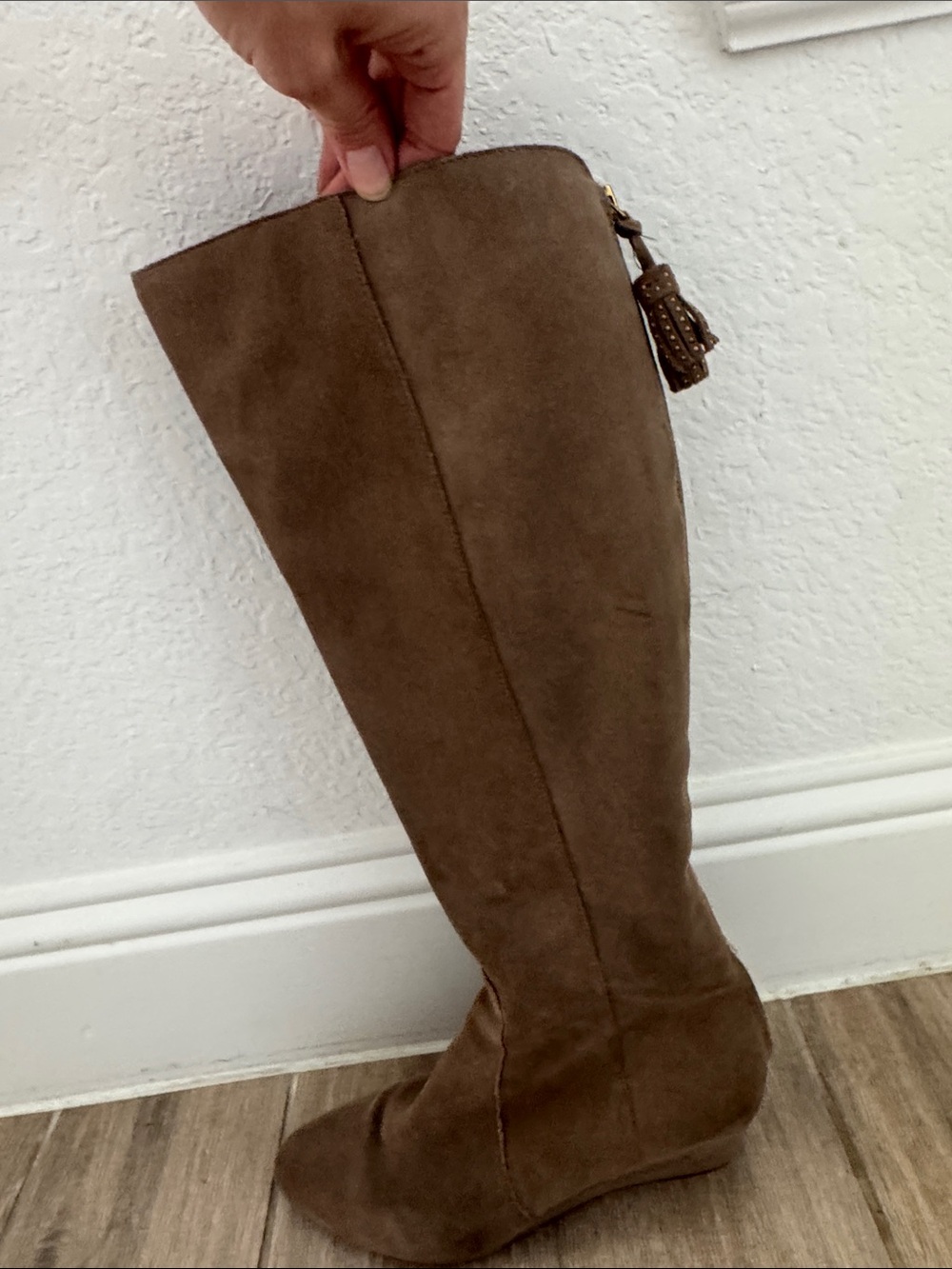 Anne Klein Tan Suede Knee High Boots with Tassel Zip